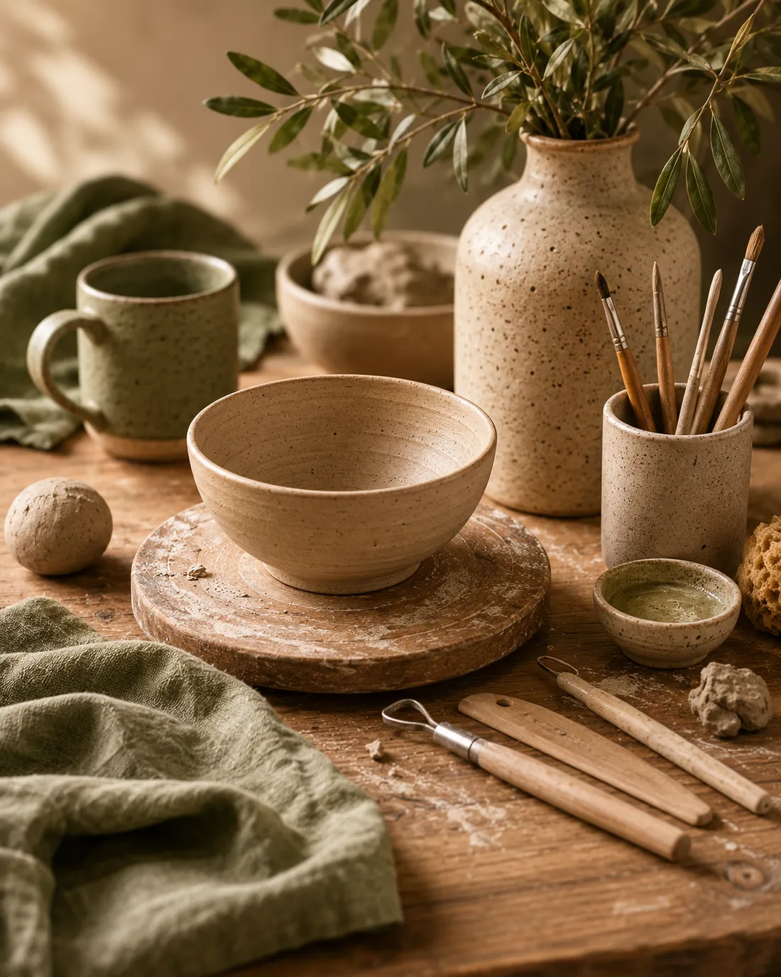 A pottery class shaping clay on the wheel